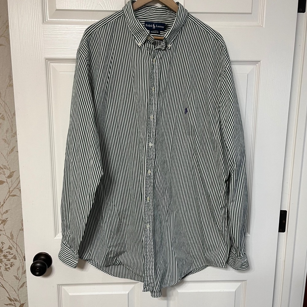 Ralph Lauren Classic Fit Striped‎ Button Down Shirt 2XLT Tall Green White